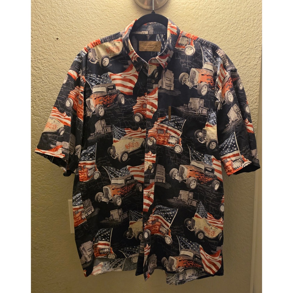 Clearwater Outfitters Mens Hot Rod American Flag Button Down Shirt XL‎ Black